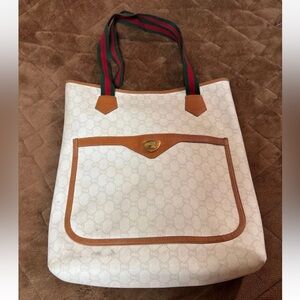 Gucci White and Tan Tote with Green and Red Straps